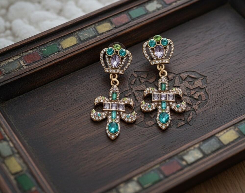 Crown Fleur De Lis Cross Earrings Museum Court Palace Gold Gemstone Art Stud VTG